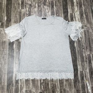 ⭐ Lace Trim Gray T Shirt Blouse